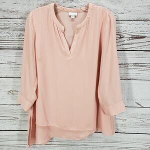 J.JILL Peach Pink V-Neck Roll Tab Sleeve Asymmetrical Hem Top Size Small